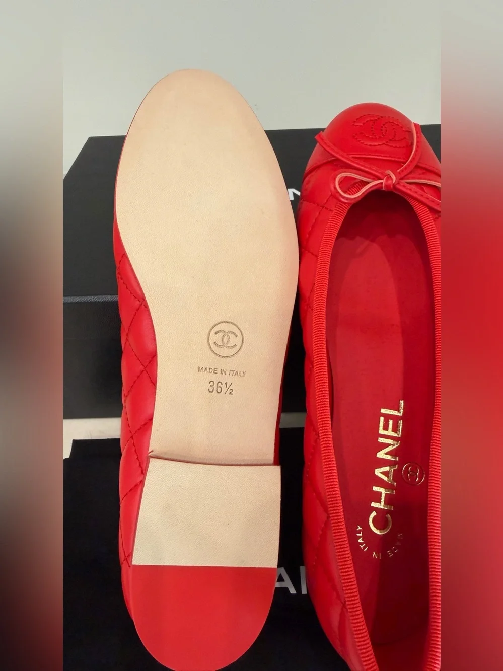Chanel Quilted Ballet Flats in Bright Red, Size 36.5 (Brand New)